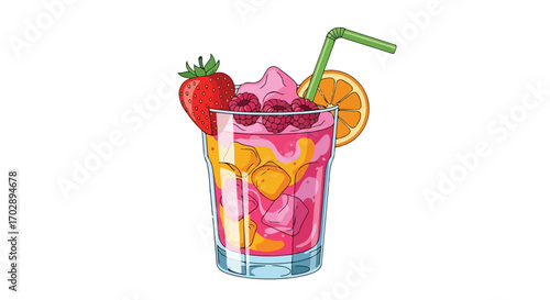 Vibrant Summer Fruit Juice Glass with Fresh Strawberry Blackberry Orange Slice and Pink Drink