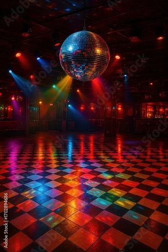 Vintage 1970s Disco Ball Reflecting Colorful Light Patterns on Checkered Dance Floor