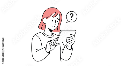 Woman Confused by Tablet with Question Mark Illustration