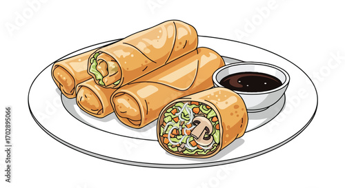 Delicious Chinese Spring Rolls Served with Soy Dipping Sauce on a White Plate