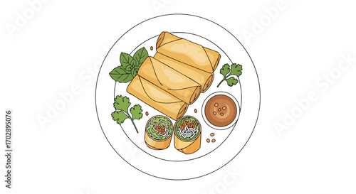 Freshly Prepared Vegetarian Spring Rolls with Dipping Sauce Garnished with Herbs and Vegetables on a White Plate