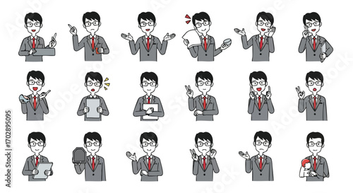 Various depictions of a male character in a suit expressing different emotions and actions