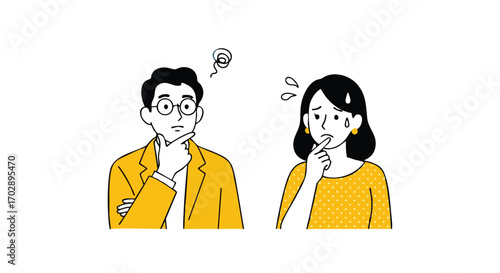 Thinking Together Man and Woman in Deep Thought, Trying to Solve a Problem