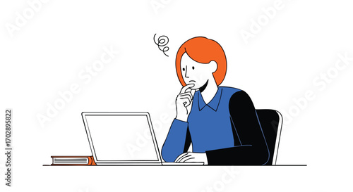Pensive Woman Stares at Laptop Vector Illustration of Problem Solving