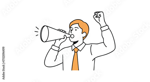 Energetic businessman announces important news loudly with a megaphone, fist raised in triumph