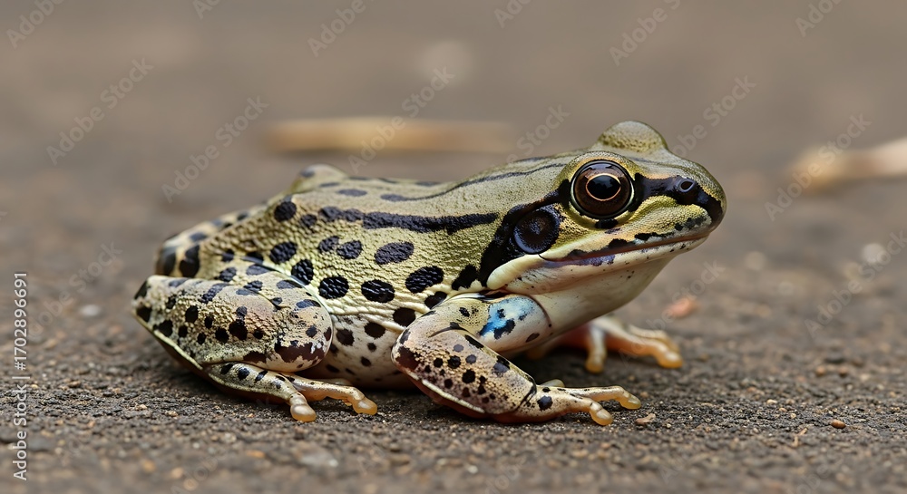 Fototapeta premium A small green frog with black spots sits on a textured surface.