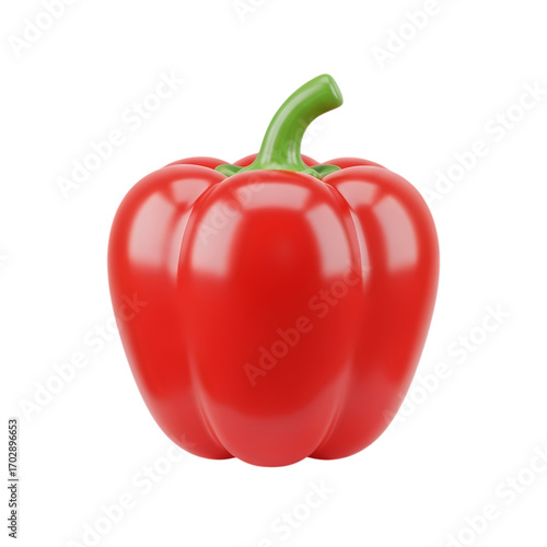 Soft 3D glossy red bell pepper icon with green stem, minimal smooth design, isolated transparent background, perfect for grocery illustrations, cooking apps, and food branding graphics