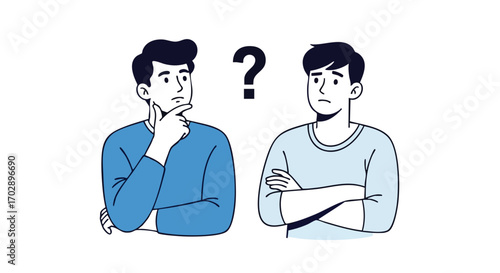 Two men contemplating a complex question, illustrating doubt and decision making