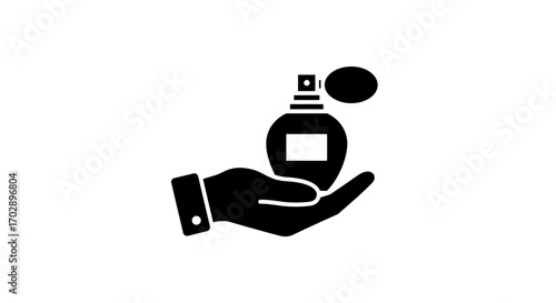 Glyph icon of a hand holding a vintage perfume spray bottle, a symbol for beauty and fragrance