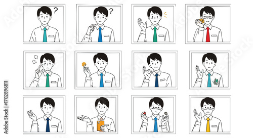 Dynamic businessman expresses diverse emotions and actions with gestures and objects for clear communication