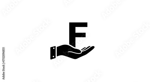 Symbolic hand icon holding the letter F. Minimalist graphic design for branding, finance, or foundation