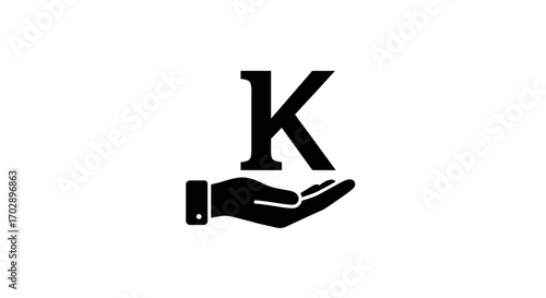 Minimalist black icon of a human hand holding the uppercase letter K on a white background