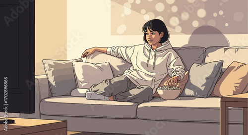 Woman enjoying a relaxing evening watching television while eating popcorn on the couch