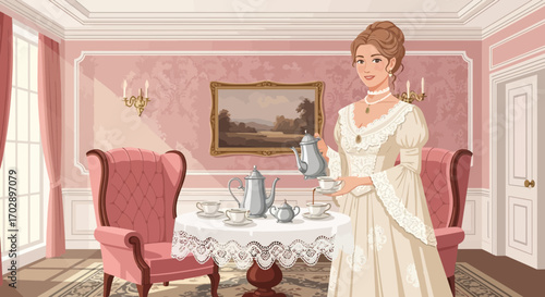 Elegant lady pouring tea in a vintage room with pink walls and ornate decoration offering a