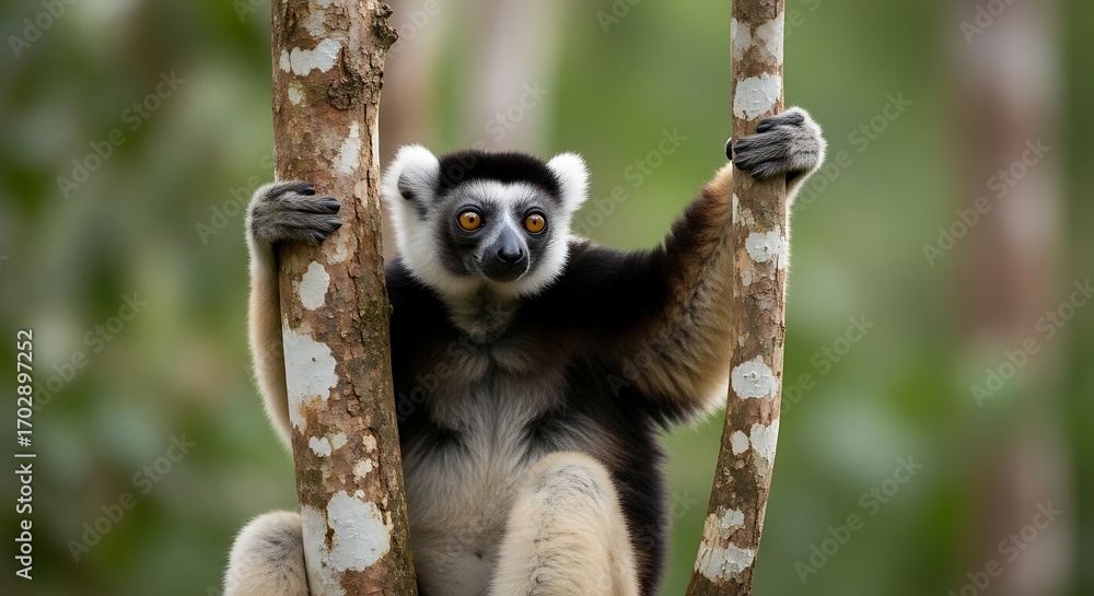 Fototapeta premium A wild Indri lemur with black and white fur holding onto tree trunks in a Madagascar jungle.