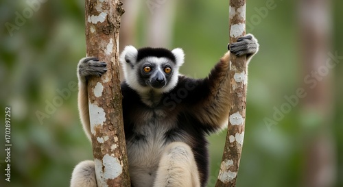 A wild Indri lemur with black and white fur holding onto tree trunks in a Madagascar jungle.