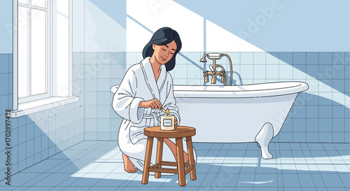 Serene moment: Woman in bathrobe lighting a candle in calming bathroom setting