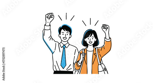 Energetic business colleagues celebrating success with raised fists in modern office setting
