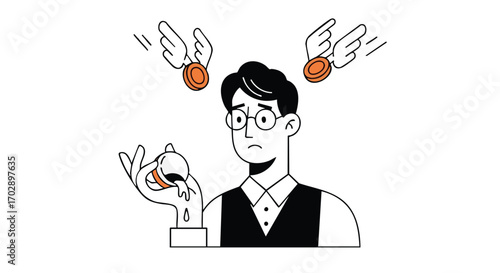 Worried businessman watches money fly away as his cup leaks funds