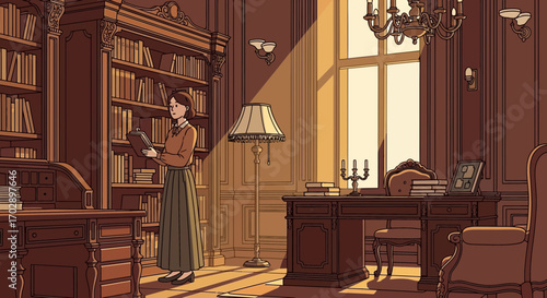 Elegant illustration of a woman reading in a vintage library bathed in sunlight interior design