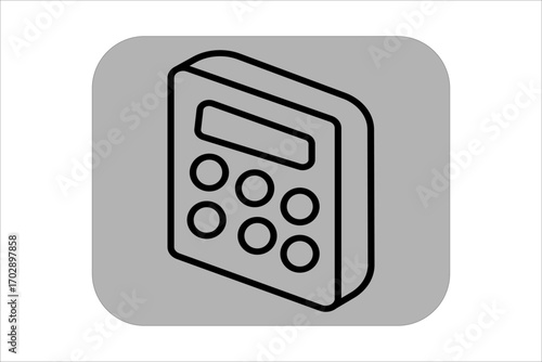 This image shows an isometric calculator icon. The calculator is drawn with bold black outlines, featuring a small rectangular screen at the top and several circular buttons below