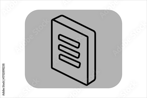 This image shows an isometric book or document icon. The object is outlined with bold black lines, featuring three horizontal bars on the front cover that resemble text or a title.