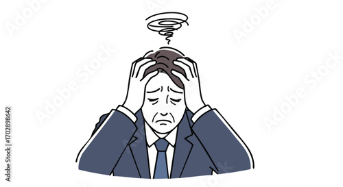 Stressed businessman clutches head in frustration, overwhelmed by deadlines and pressure