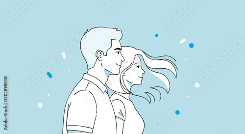 Joyful couple smiles looking forward together, symbolizing shared future and optimism