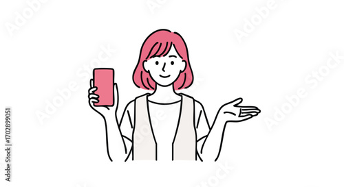 Smiling woman presents new app feature on smartphone, inviting engagement with open hand gesture.