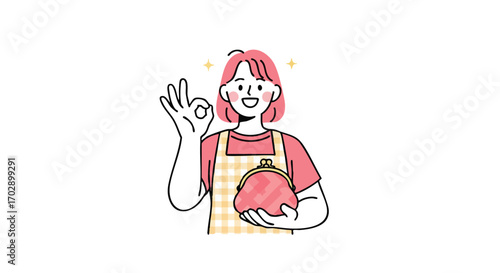 Joyful woman with pink hair and apron gives okay sign holding a coin purse with happy sparkle