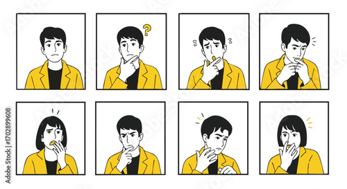 Diverse people express confusion, doubt, and deep thought through expressive facial gestures