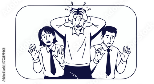 Stressed business team overwhelmed by urgent deadlines, facing panic and pressure
