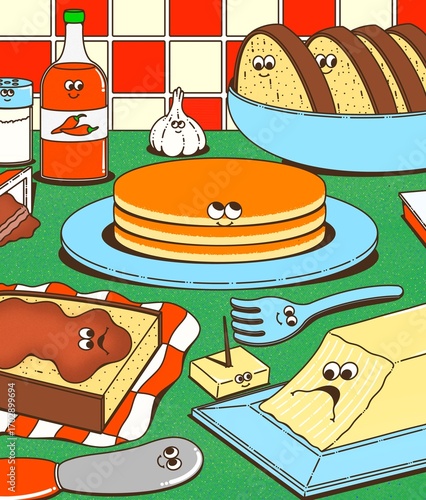 Funny Cartoon Breakfast Food Characters Illustration