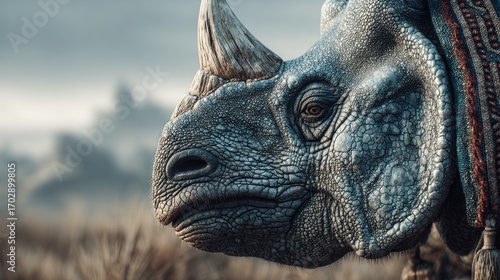 Detailed portrait of a rhinoceros with adorned tapestry in african savanna