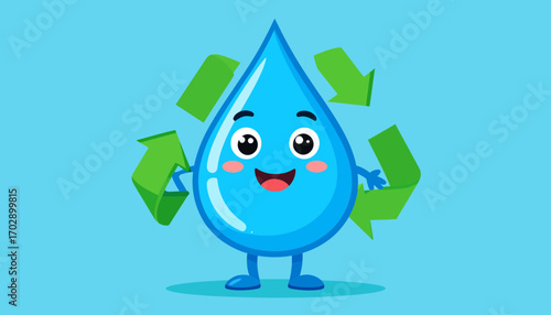 Happy water droplet character with recycling arrows promoting environmental conservation