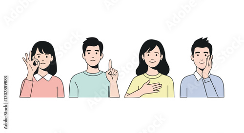 Diverse individuals express emotions and ideas with clear gestures for communication and engagement