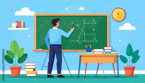 Teacher explaining geometry on chalkboard in classroom, educational concept for students.