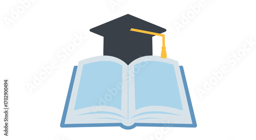 Education symbol with graduation cap above open book representing knowledge and learning