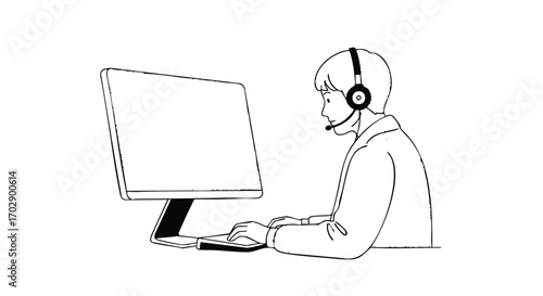 Dedicated support agent actively engaged with headset and computer, ready to assist clients efficiently.