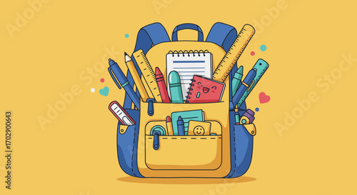 Charming cartoon backpack overflowing with school supplies ready for a bright learning day ahead