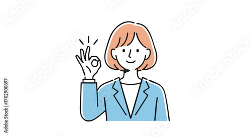 Cheerful Woman in Blue Blazer Gesturing OK Sign
