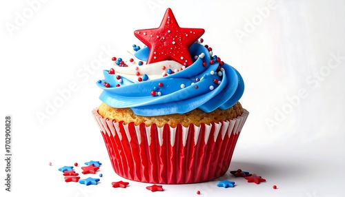 Patriotic cupcake with red, white, and blue frosting