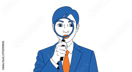 Curious businessman intently examining with a magnifying glass, seeking details for success