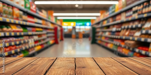 Rustic wooden table against blurred supermarket aisle backdrop,  signage,  countertop