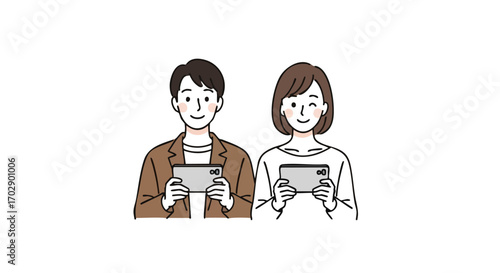 Smiling couple holding smartphones, enjoying shared digital connection and entertainment together