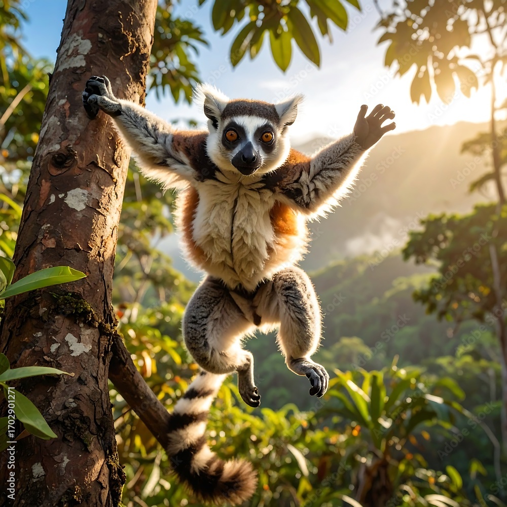 Naklejka premium Leaping lemur in a rainforest