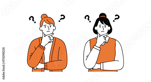 Two women ponder with question marks above their heads, seeking answers in thoughtful contemplation