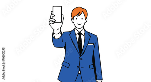 Slika na platnu Smiling businessman in blue suit holding up smartphone for presentation or selfi