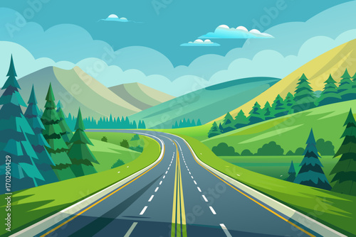 Scenic highway winds through lush green mountains and pine forests under a vibrant blue sky