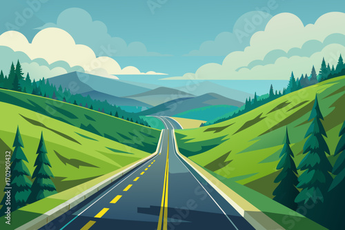 Open road beckons through rolling green hills and majestic mountains towards endless adventure